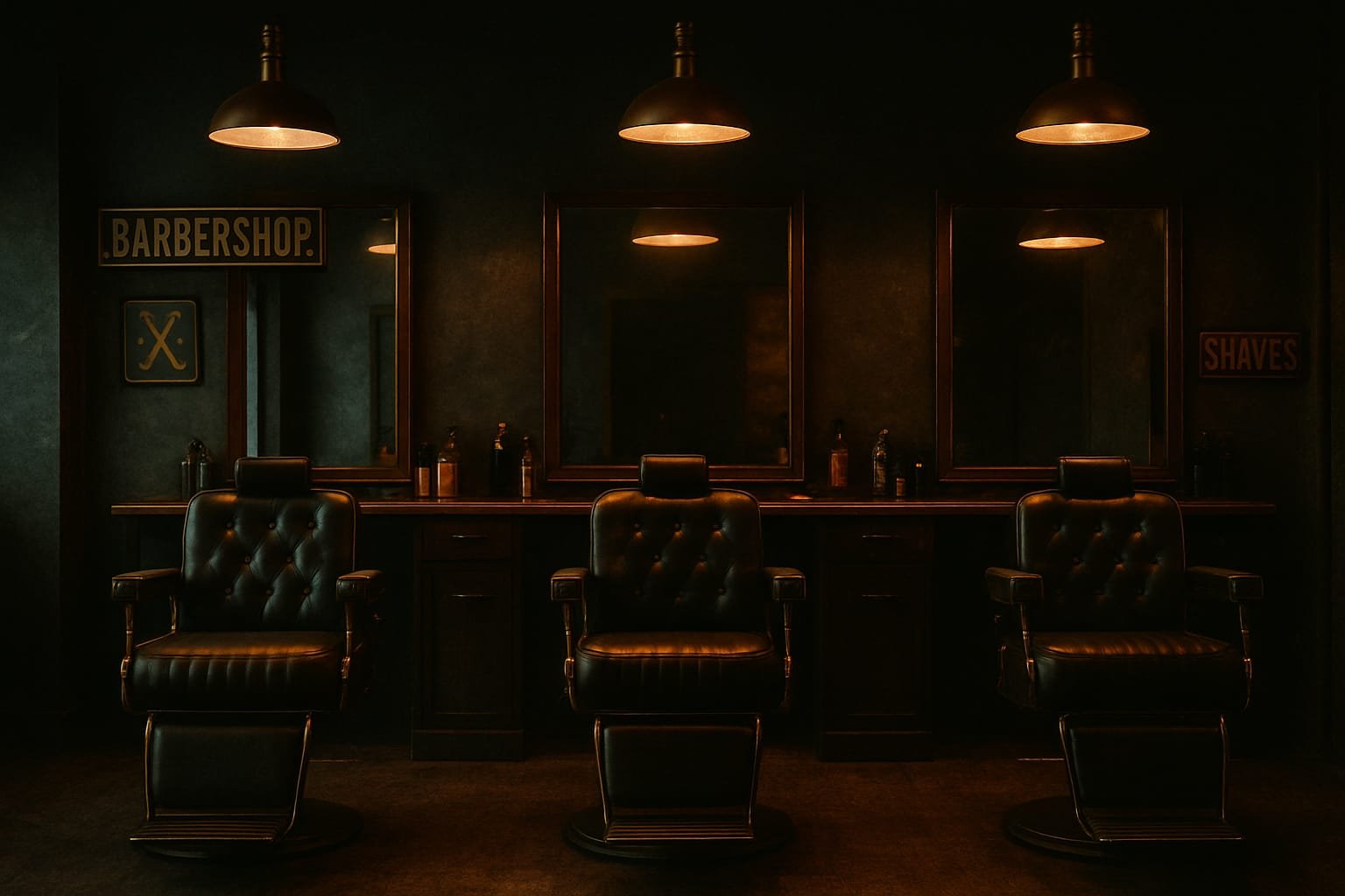 Full barbershop, all three chairs — AI-generated placeholder, not a real photo