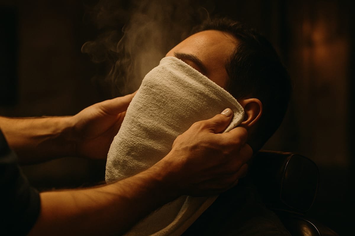 Hot towel shave in progress — AI-generated placeholder, not a real photo