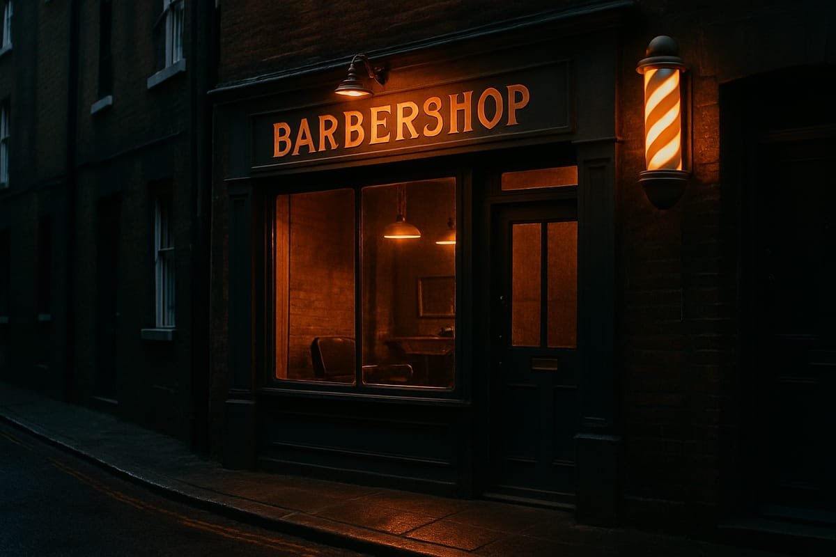 Barbershop storefront at dusk — AI-generated placeholder, not a real photo of Fade & Co.'s premises