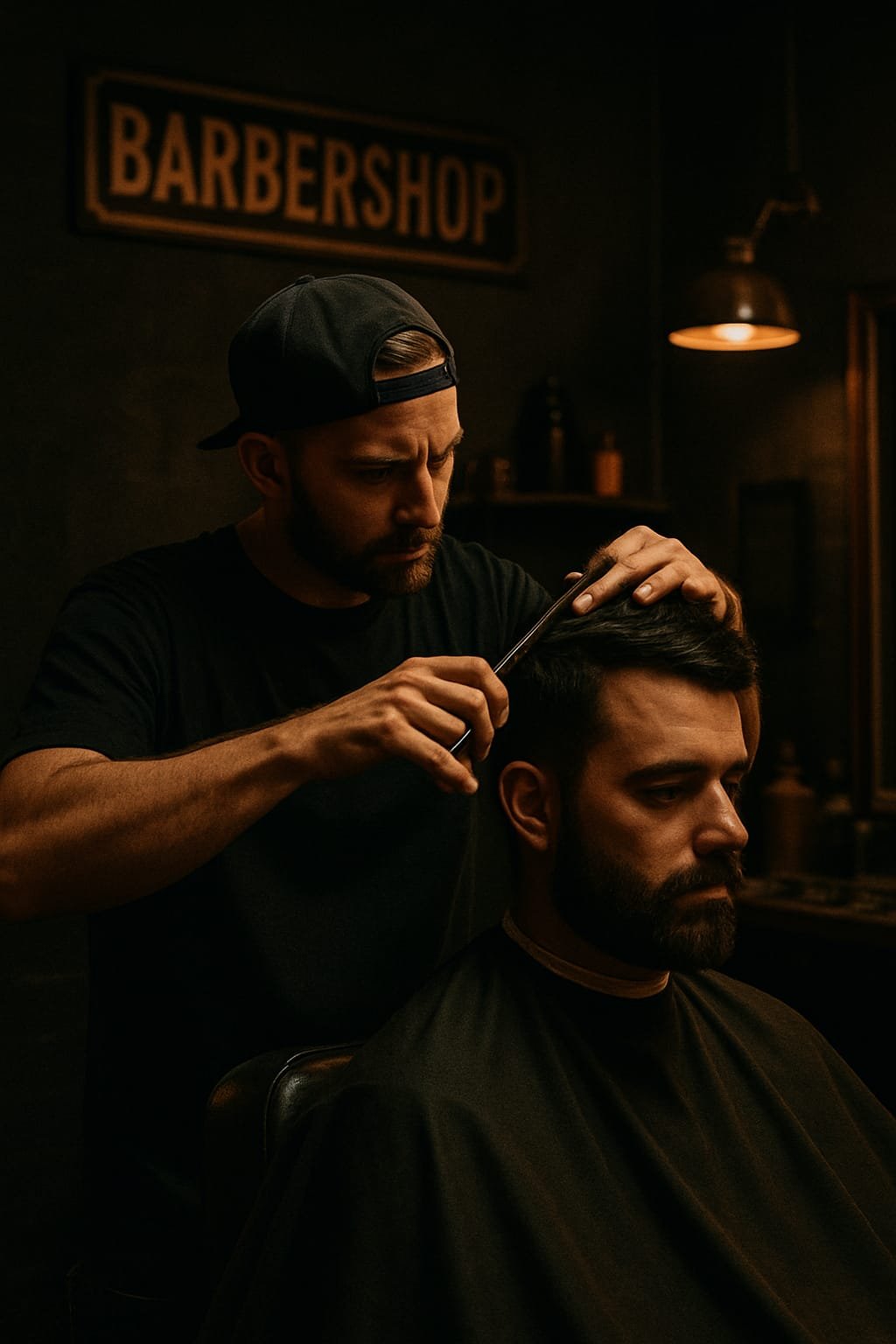 Barber mid-haircut in the shop — AI-generated placeholder, not a real photo